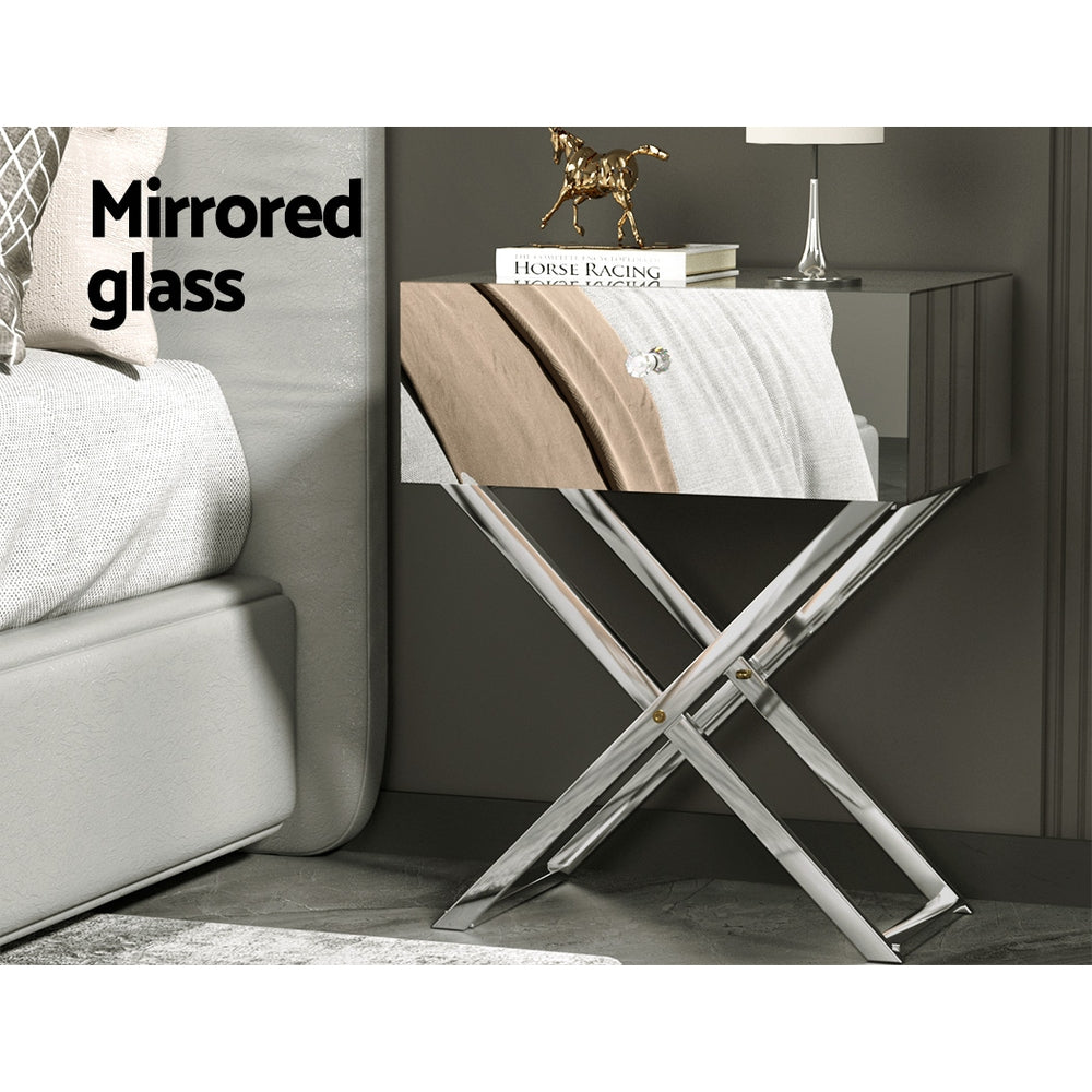 Artiss Mirrored Bedside Table Drawers Side Table Storage Nightstand Silver MOCO-3