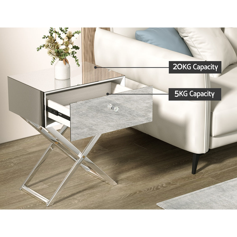 Artiss Mirrored Bedside Table Drawers Side Table Storage Nightstand Silver MOCO-4