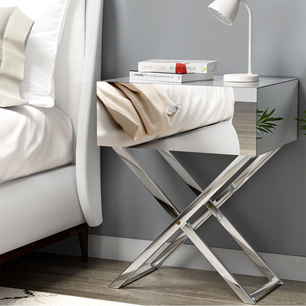 Artiss Mirrored Bedside Table Drawers Side Table Storage Nightstand Silver MOCO-6