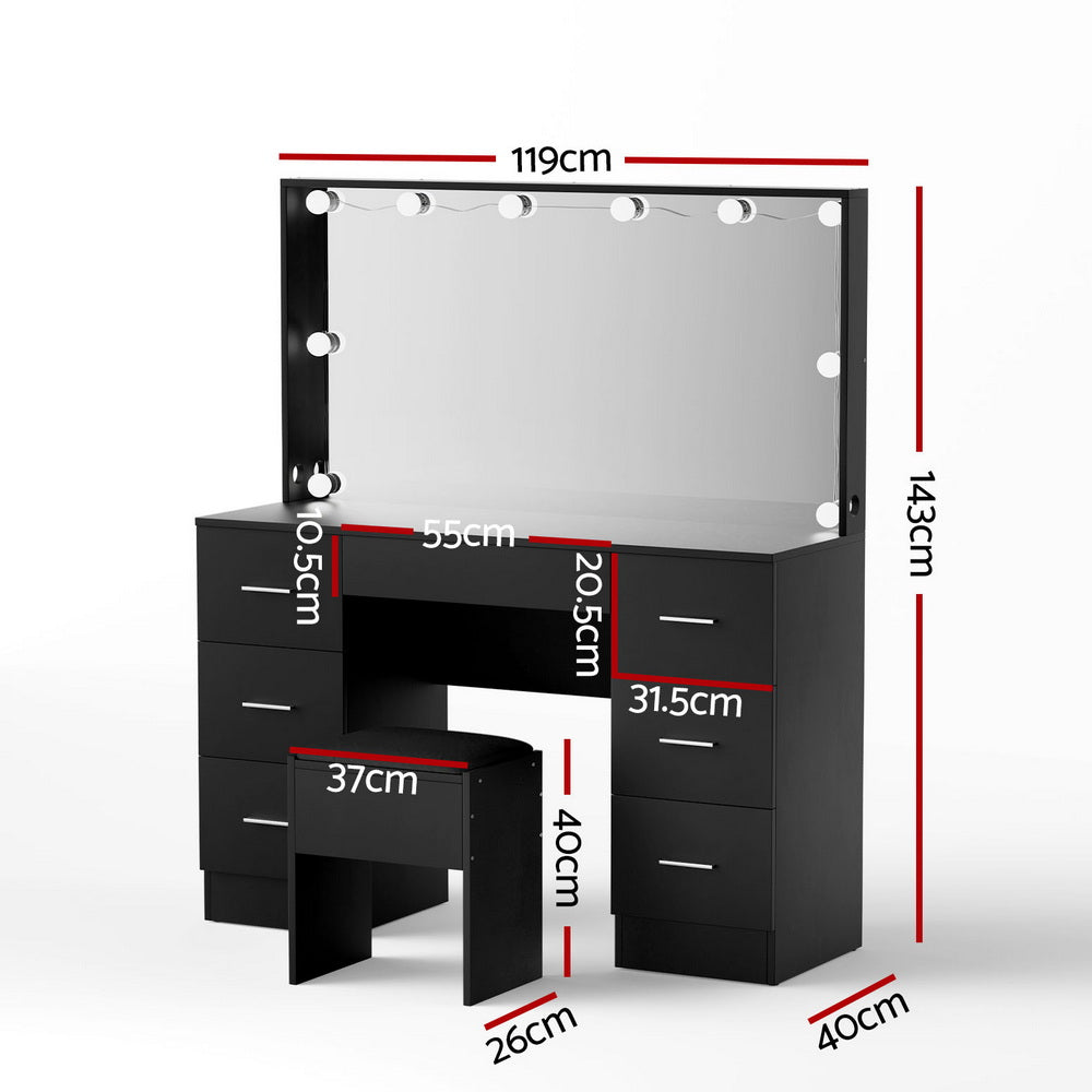 Artiss Dressing Table Vanity Desk Set Stool 10 Led Bulbs Black-2