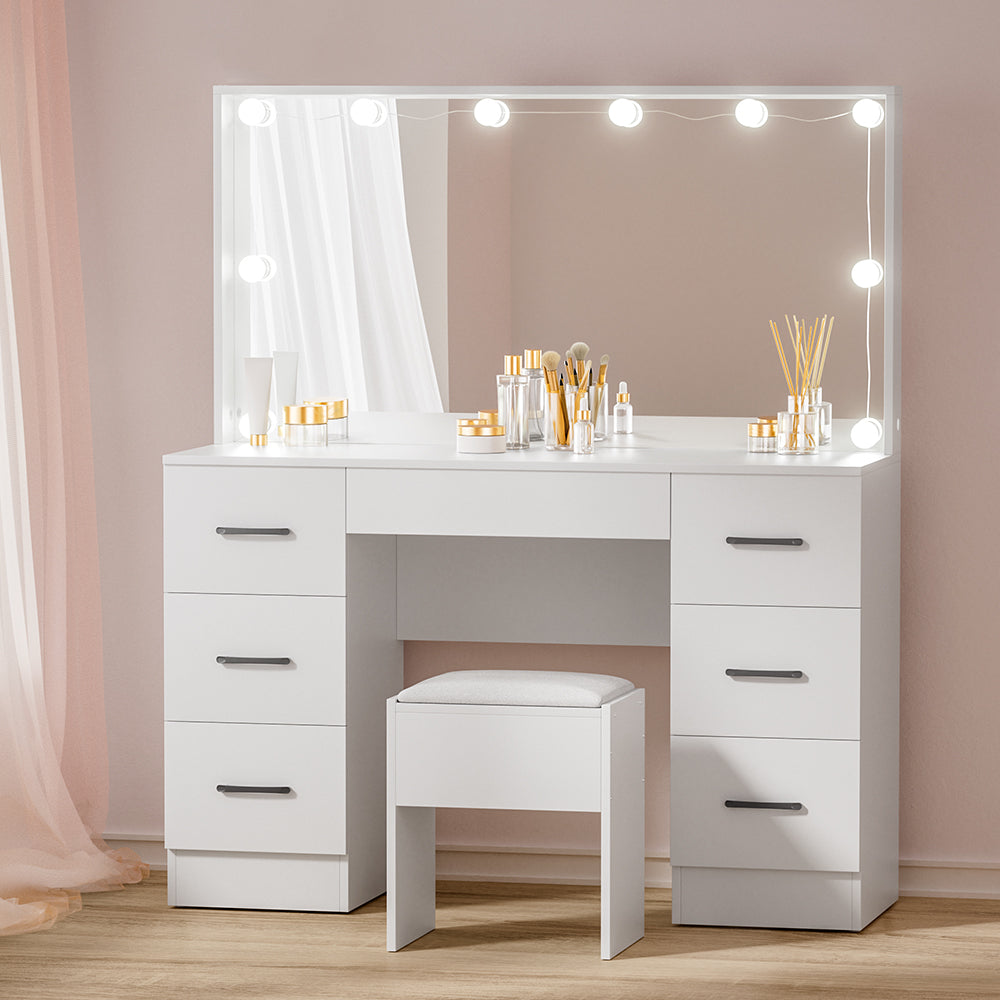 Artiss Dressing Table Set Stool 10 Led Bulbs White Debbie-6