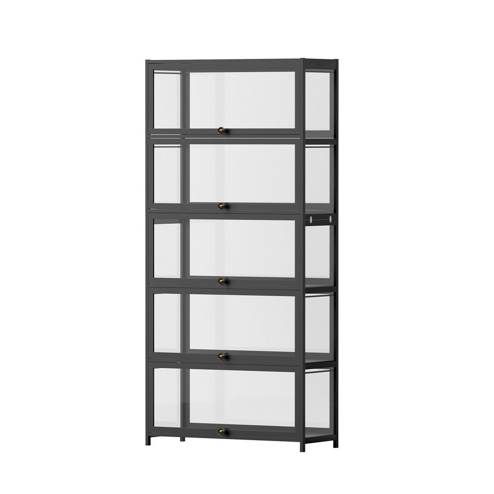 Artiss 5-Tier Display Cabinet Storage Bookshelf Clear Shelf Black-0