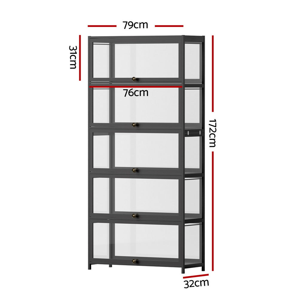 Artiss 5-Tier Display Cabinet Storage Bookshelf Clear Shelf Black-2