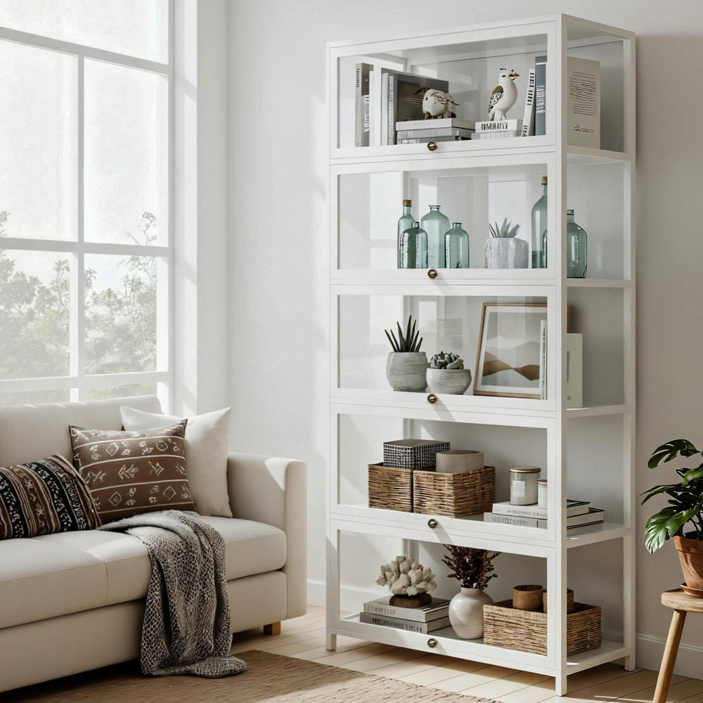 Artiss 5-Tier Display Cabinet Storage Bookshelf Clear Shelf White-7