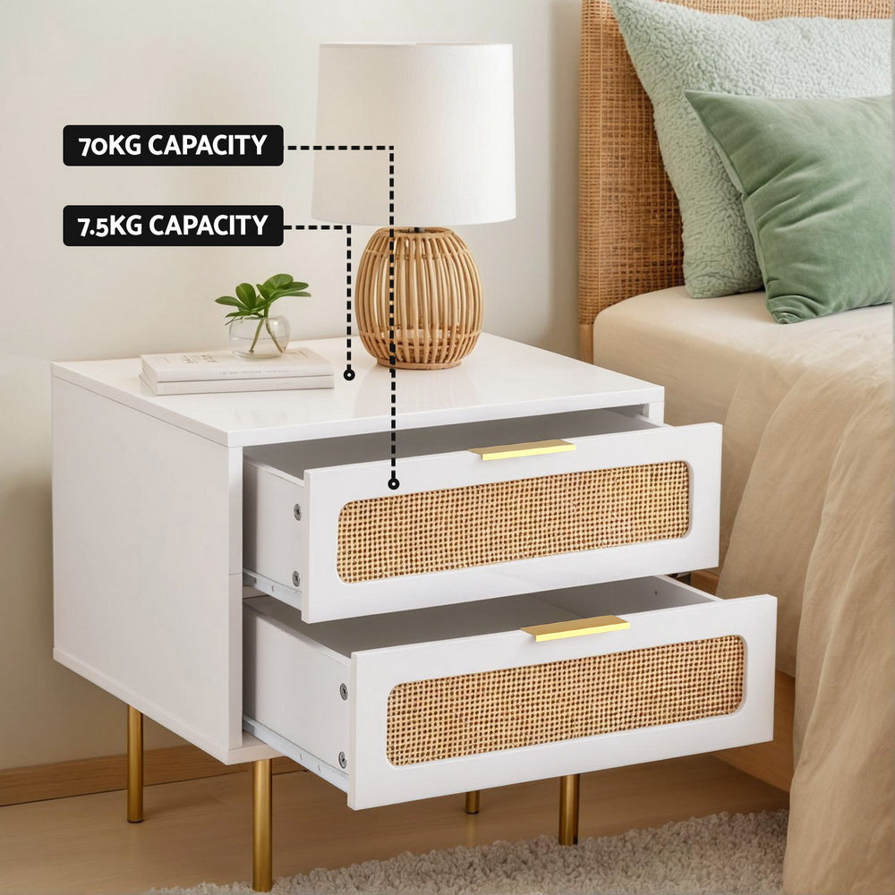 Artiss Rattan Bedside Table 2 Drawers Pine-4