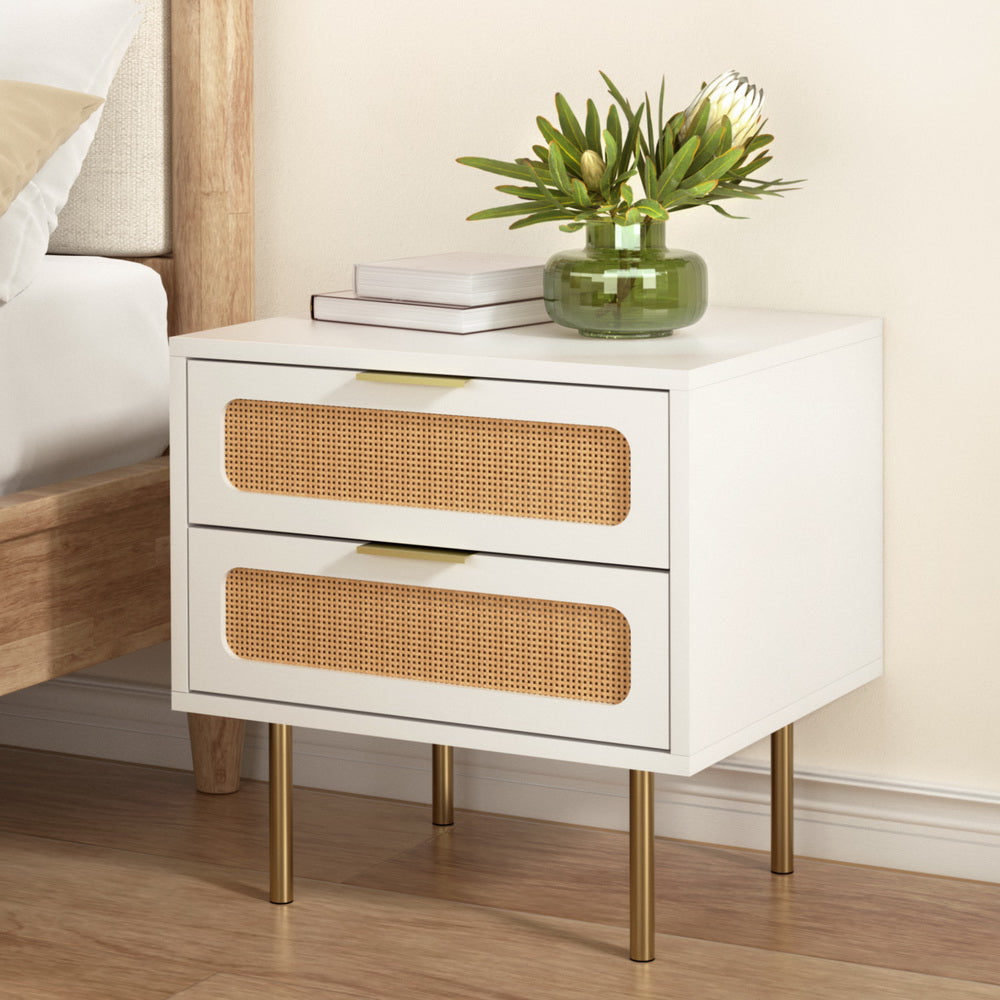 Artiss Rattan Bedside Table 2 Drawers Pine-6