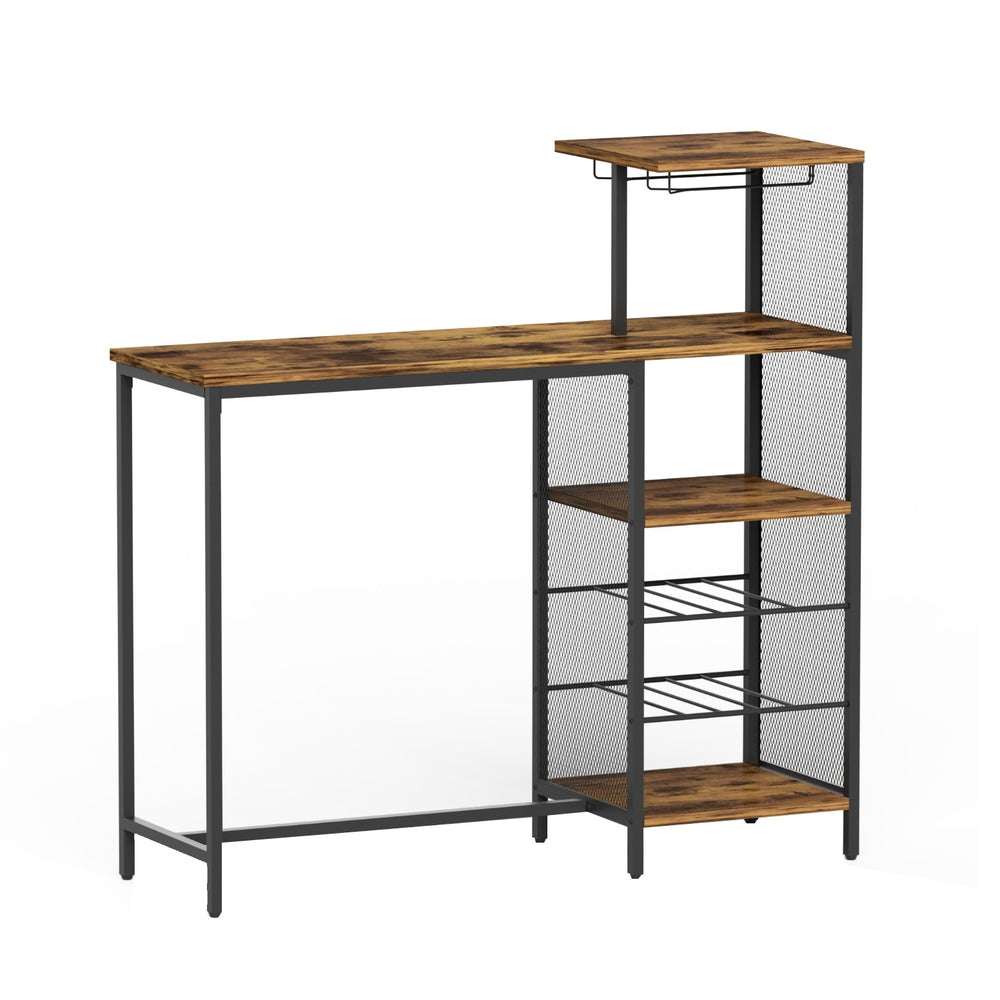 Artiss Industrial Bar Table with Wine Rack Cup Holder Multi-Level Storage 122cm Walnut-0