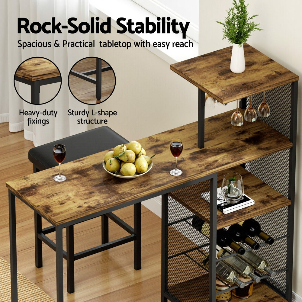Artiss Industrial Bar Table with Wine Rack Cup Holder Multi-Level Storage 122cm Walnut-4