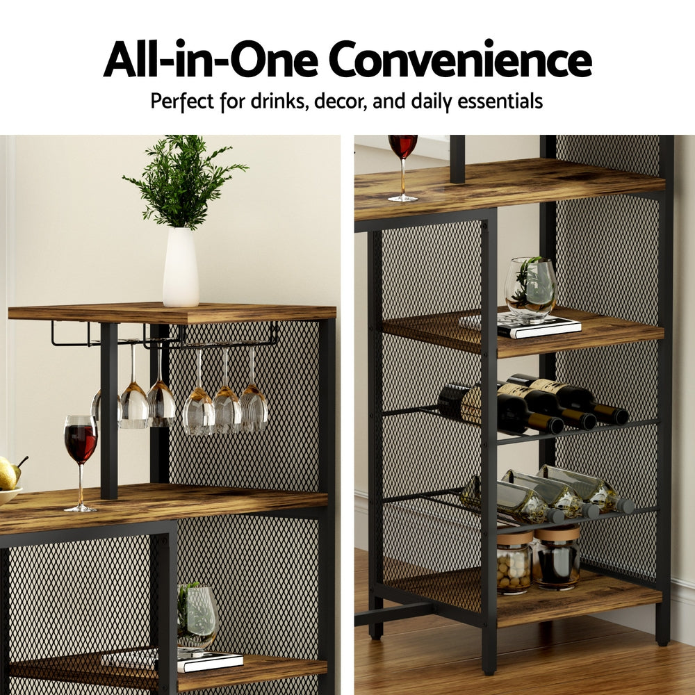 Artiss Industrial Bar Table with Wine Rack Cup Holder Multi-Level Storage 122cm Walnut-5