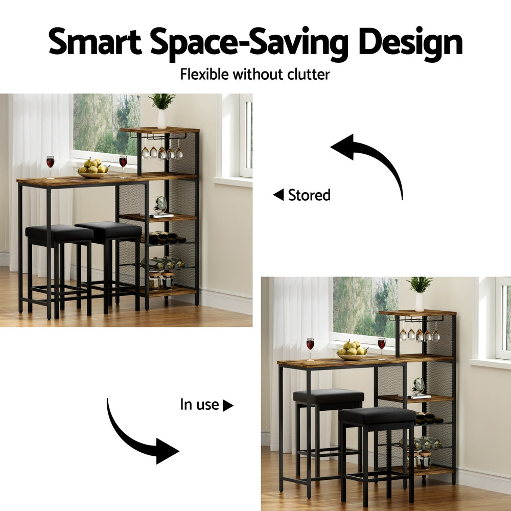 Artiss Industrial Bar Table with Wine Rack Cup Holder Multi-Level Storage 122cm Walnut-6