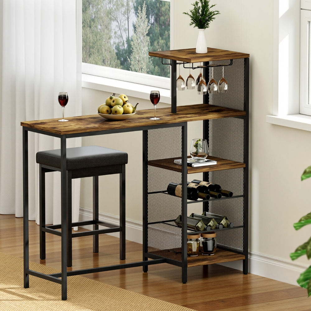 Artiss Industrial Bar Table with Wine Rack Cup Holder Multi-Level Storage 122cm Walnut-7