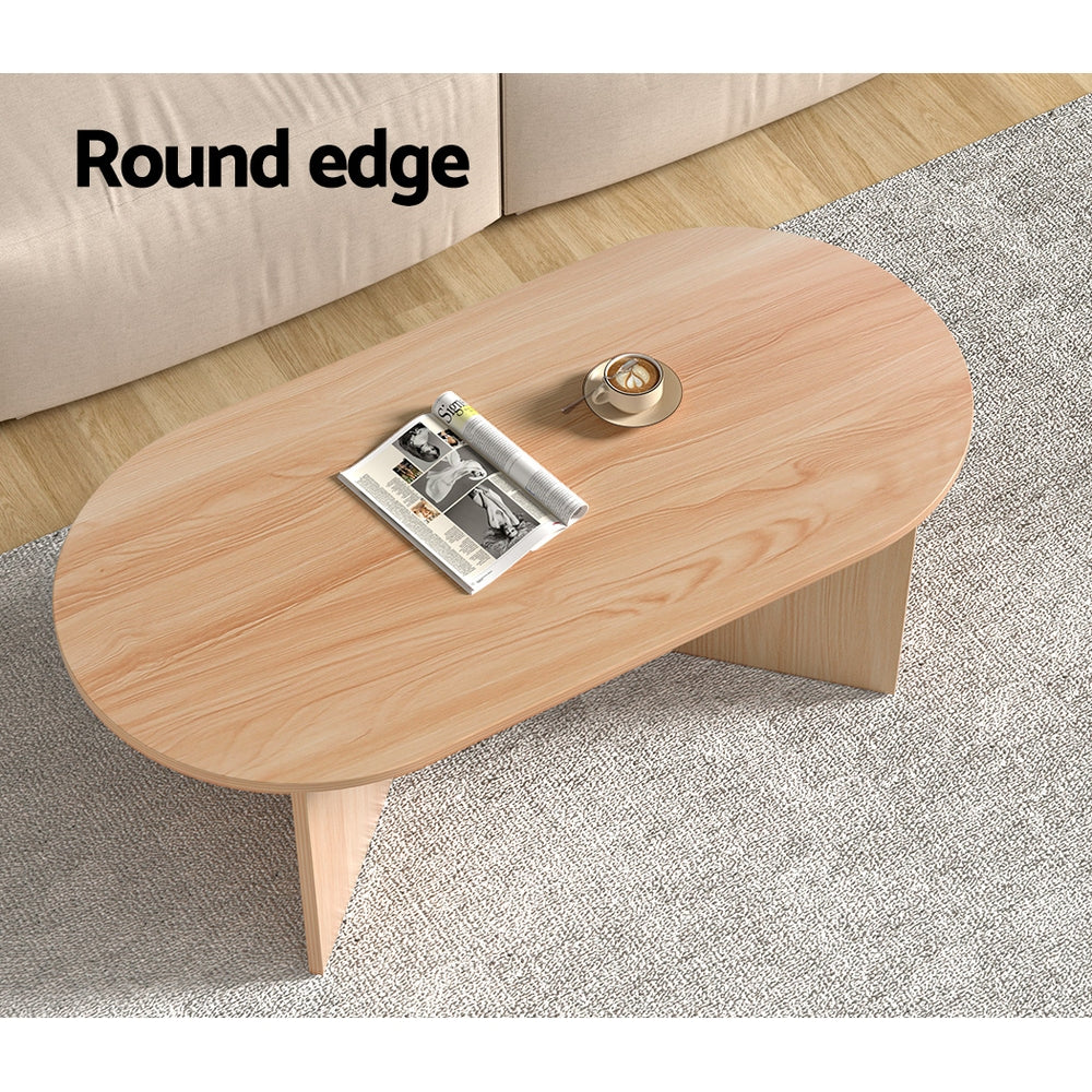 Artiss Coffee Table Oval 110CM Pine Alva-3