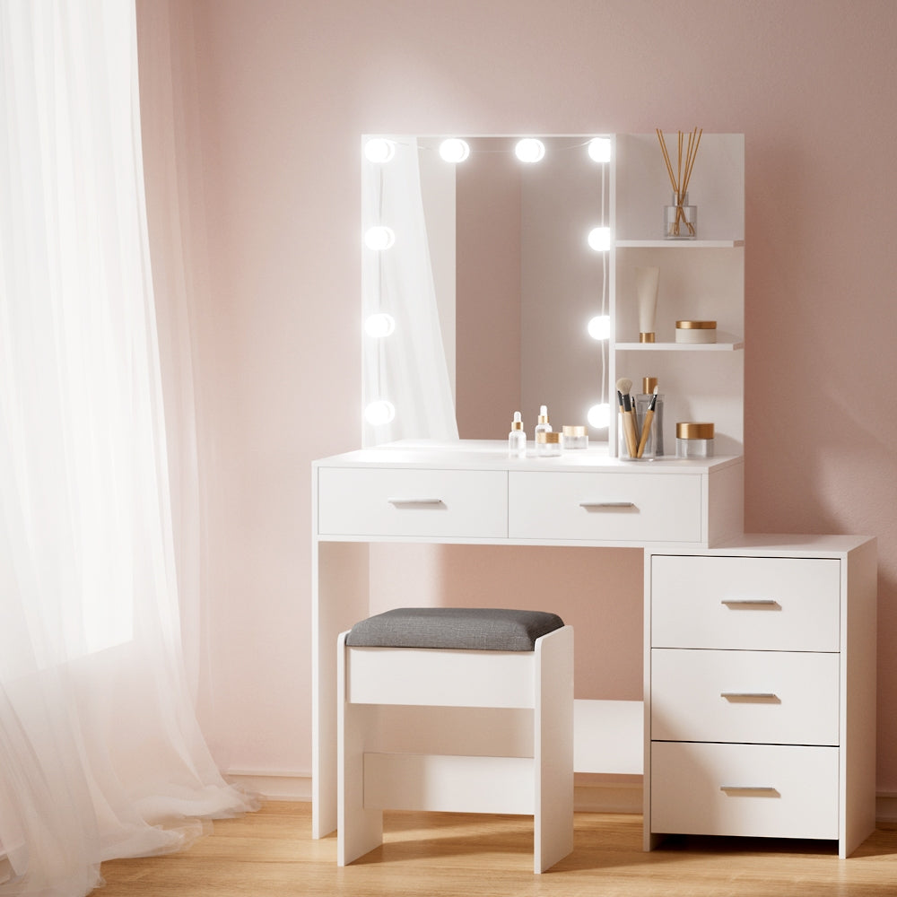 Artiss Dressing Table Set Stool 12 LED Bulbs White Dale-6