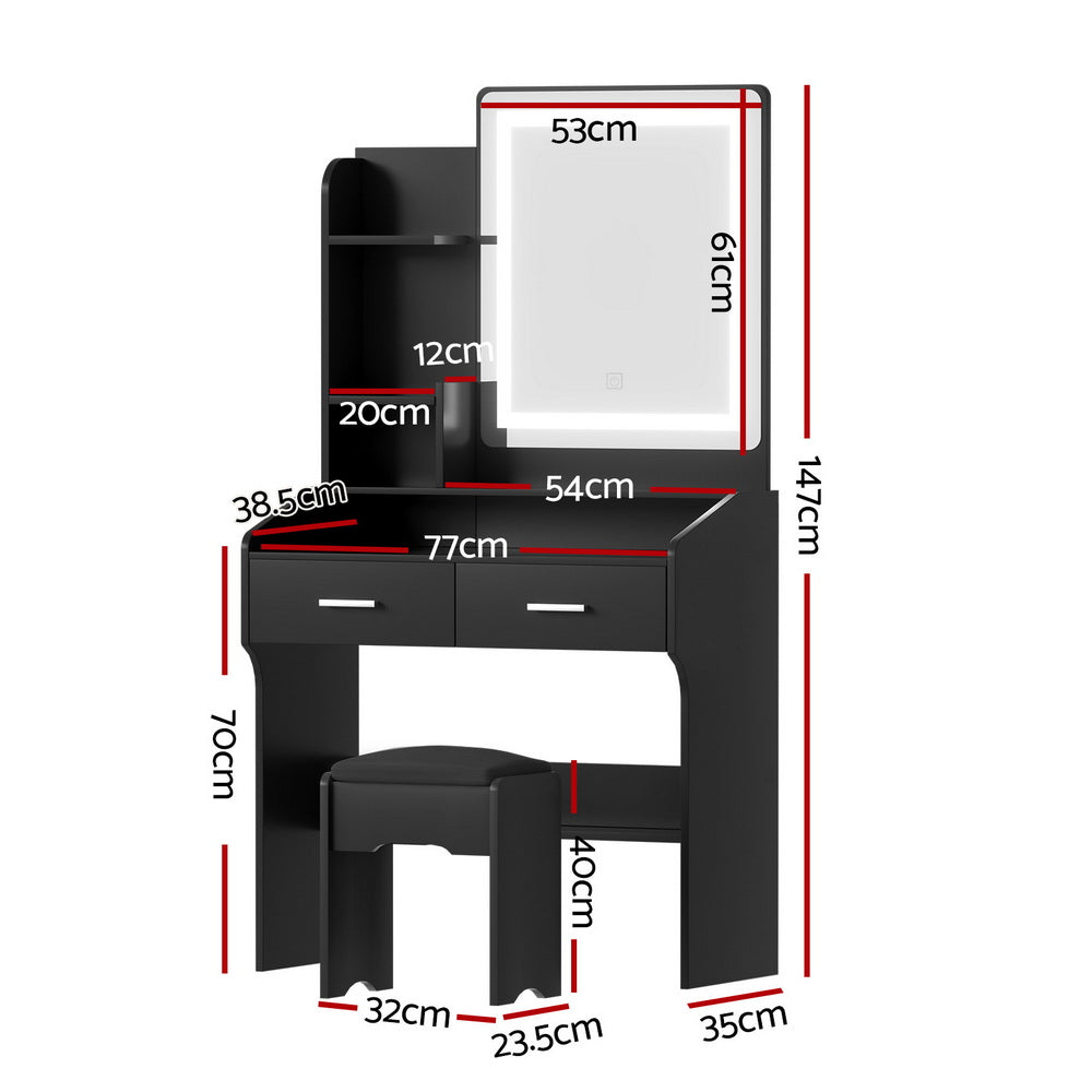Artiss Dressing Table Set Stool Led Black-2