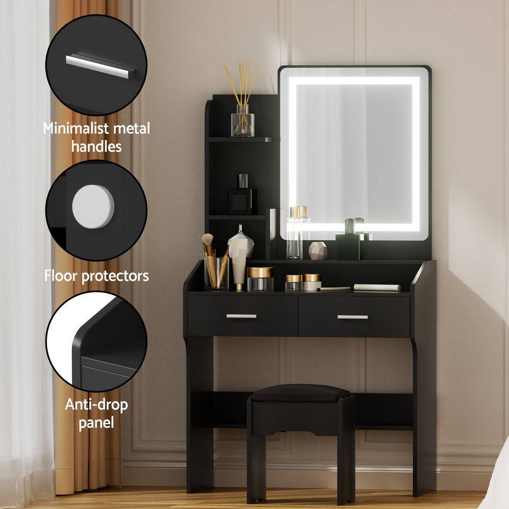Artiss Dressing Table Set Stool Led Black-6
