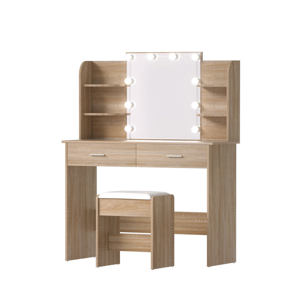 Artiss Dressing Table Set Stool 10 Led Bulbs Wood-0