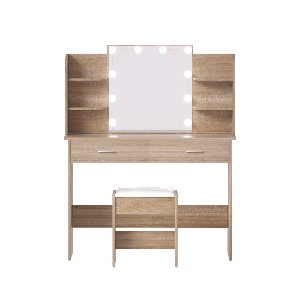 Artiss Dressing Table Set Stool 10 Led Bulbs Wood-3