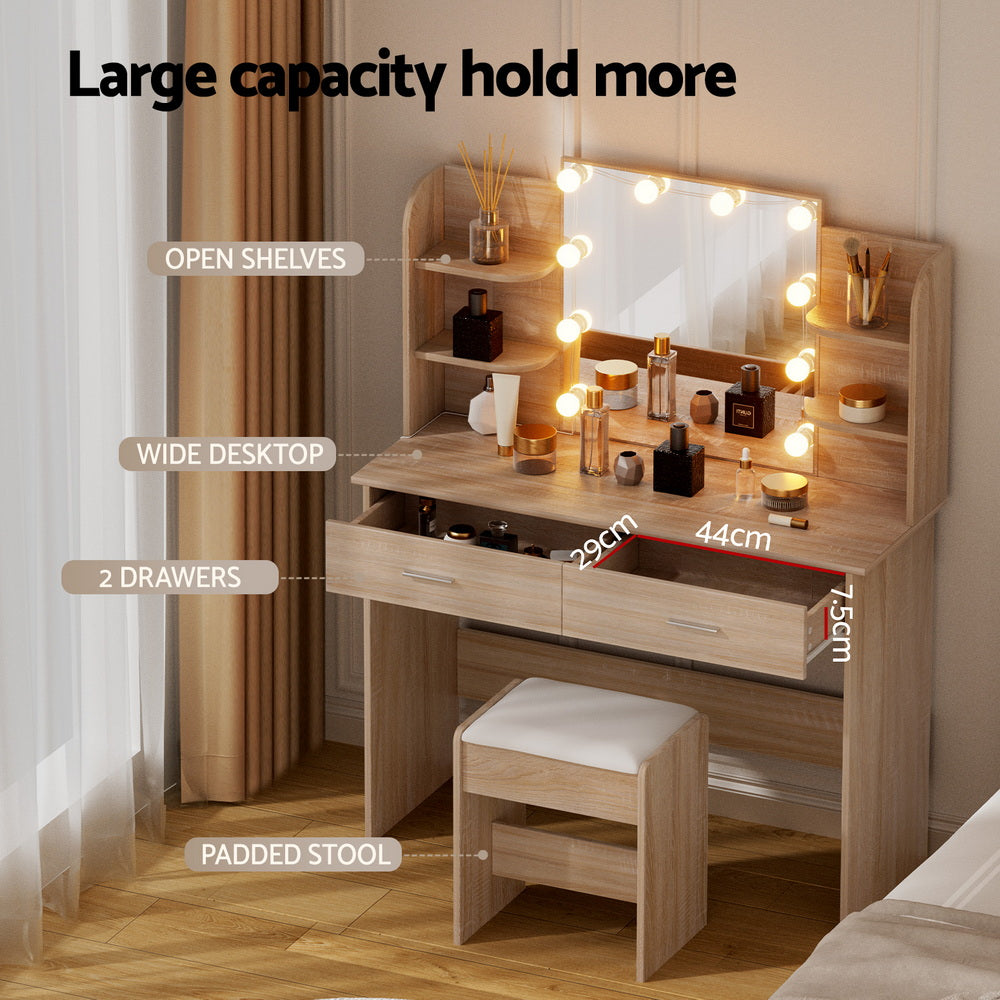 Artiss Dressing Table Set Stool 10 Led Bulbs Wood-5