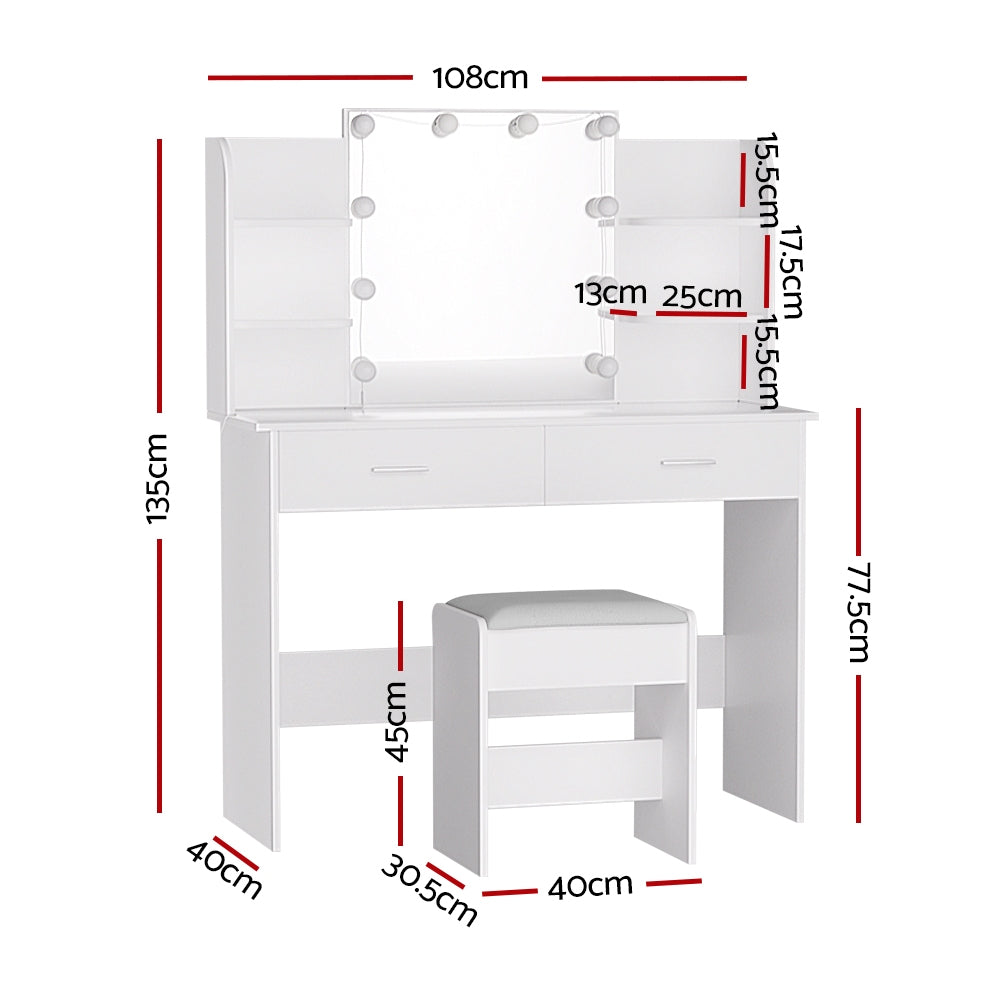 Artiss Dressing Table Set Stool 10 Led Bulbs White Dulcea-1