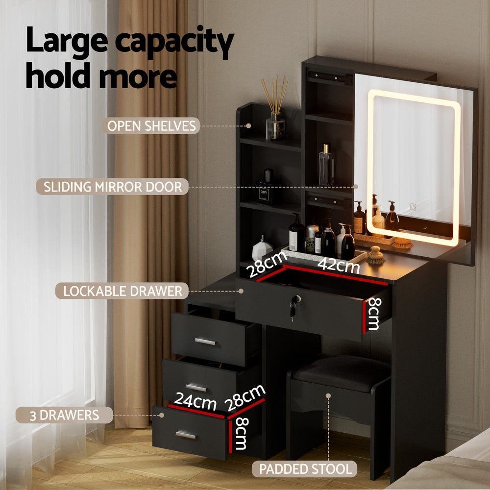 Artiss Dressing Table Vanity Desk Set Stool Led Black-5