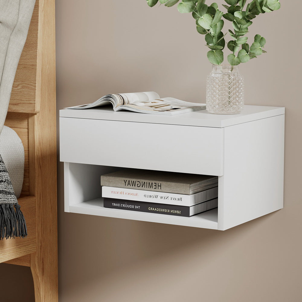 Artiss Floating Bedside Table Nightstand Drawer White-6