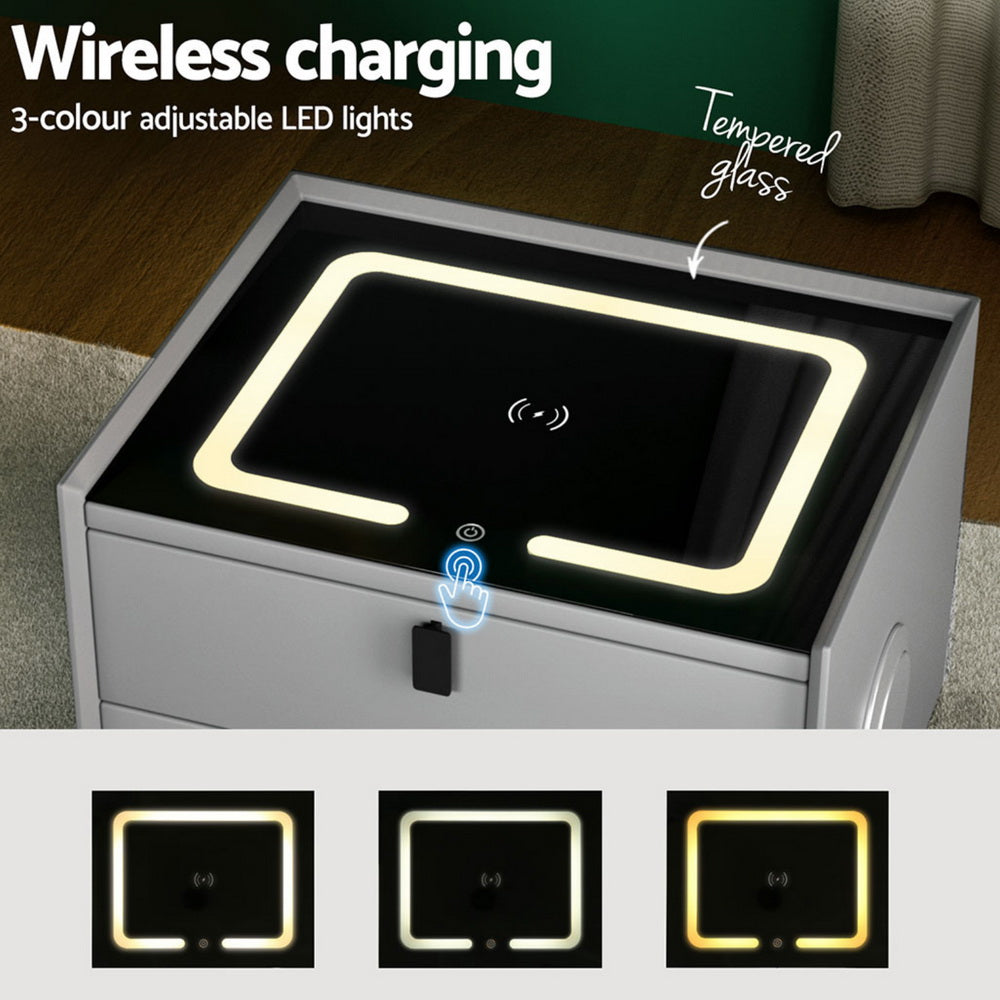 Artiss Smart Bedside Table with Wireless Charging - AIKA Grey-3