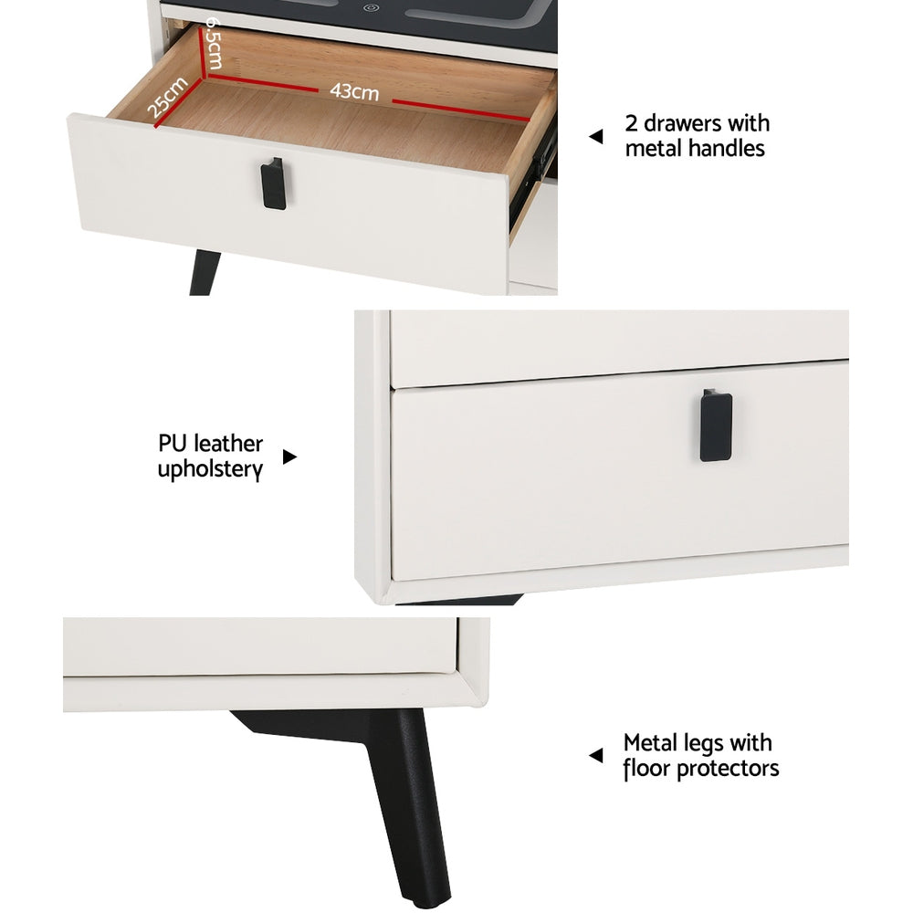 Artiss Smart Bedside Table 2 Drawers with Wireless Charging Ports LED White AIKA-5