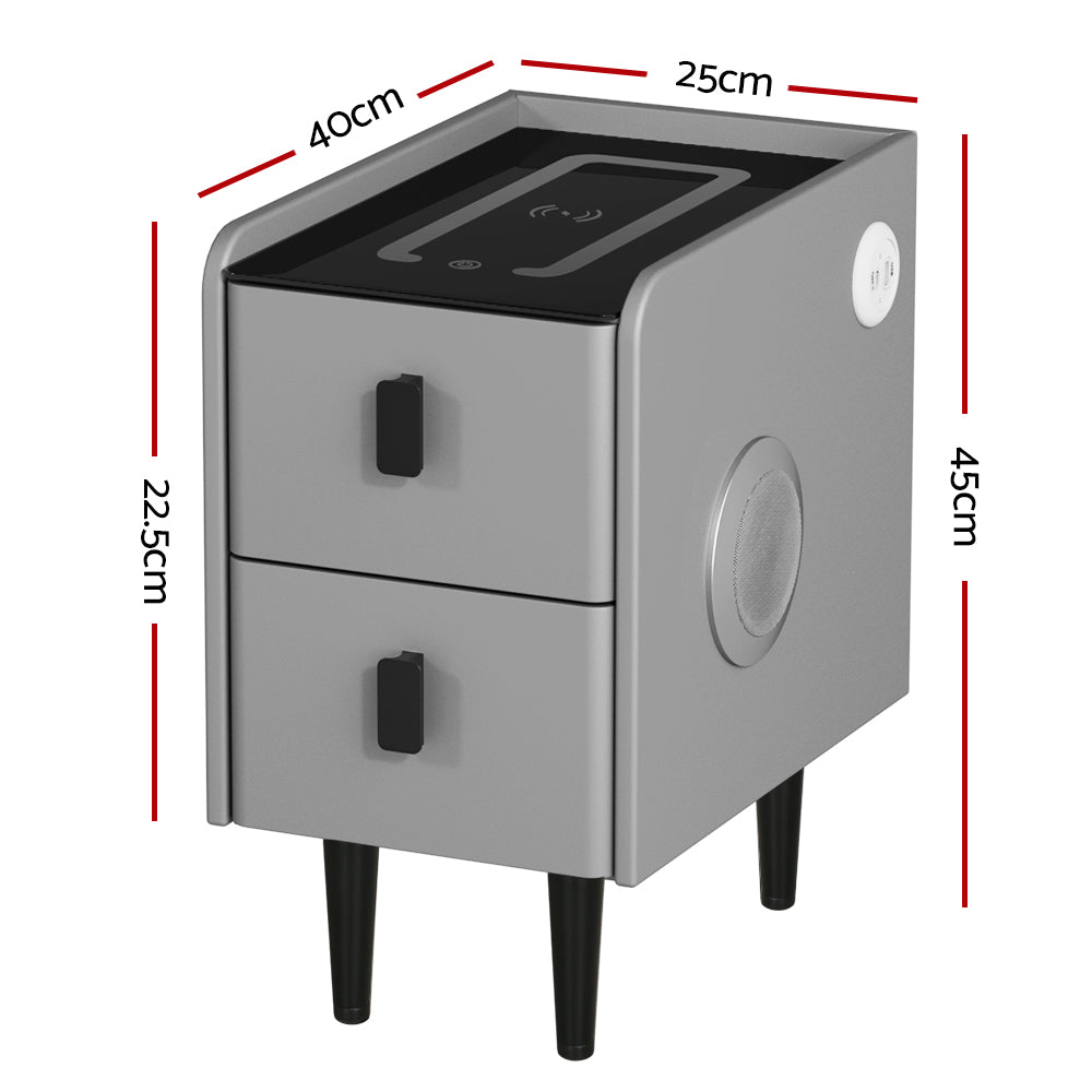 Artiss Smart Bedside Table 2 Drawers with Wireless Charging Ports LED Grey AIDA-1