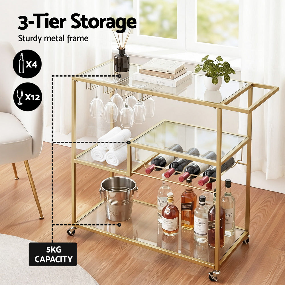 Artiss Bar Cart Drink Trolley Serving Cocktail Wine Rack Glass Holder 102cm Gold-4