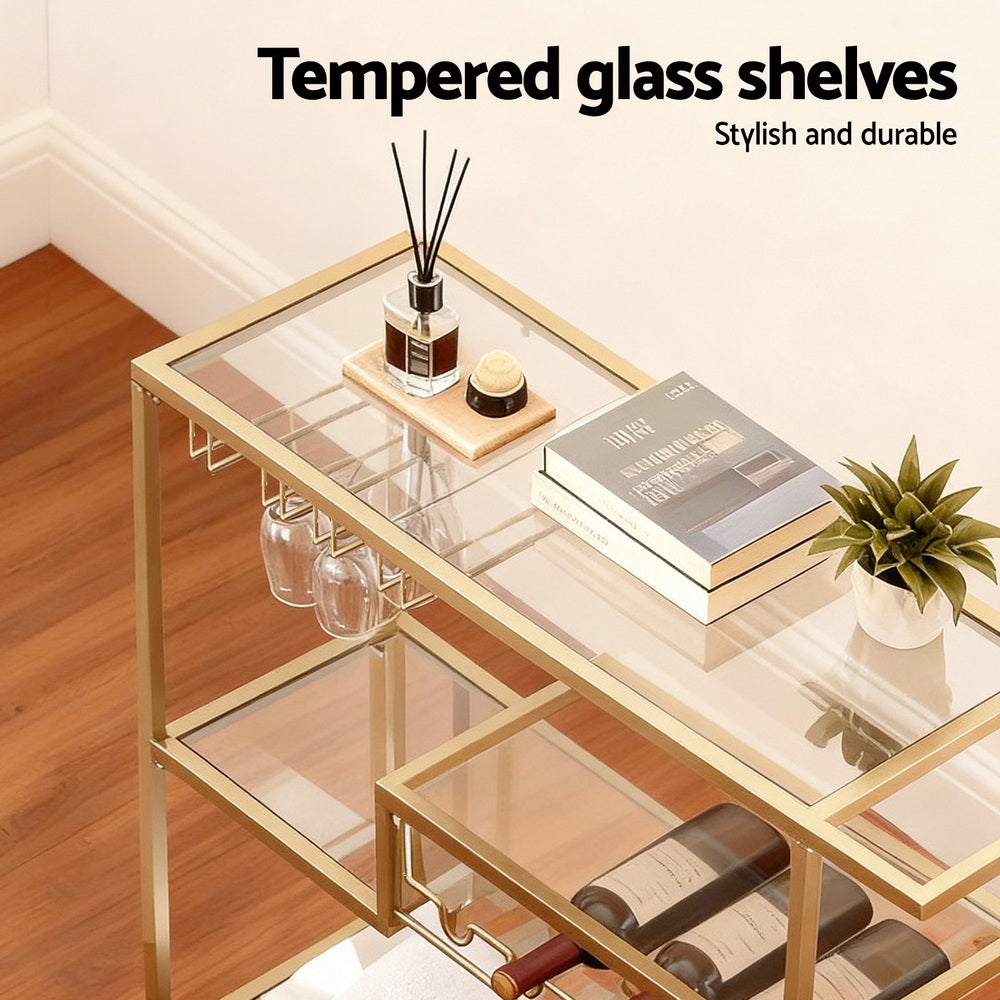 Artiss Bar Cart Drink Trolley Serving Cocktail Wine Rack Glass Holder 102cm Gold-5