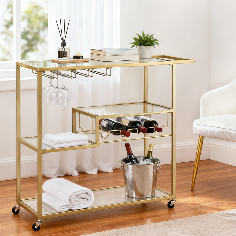 Artiss Bar Cart Drink Trolley Serving Cocktail Wine Rack Glass Holder 102cm Gold-7