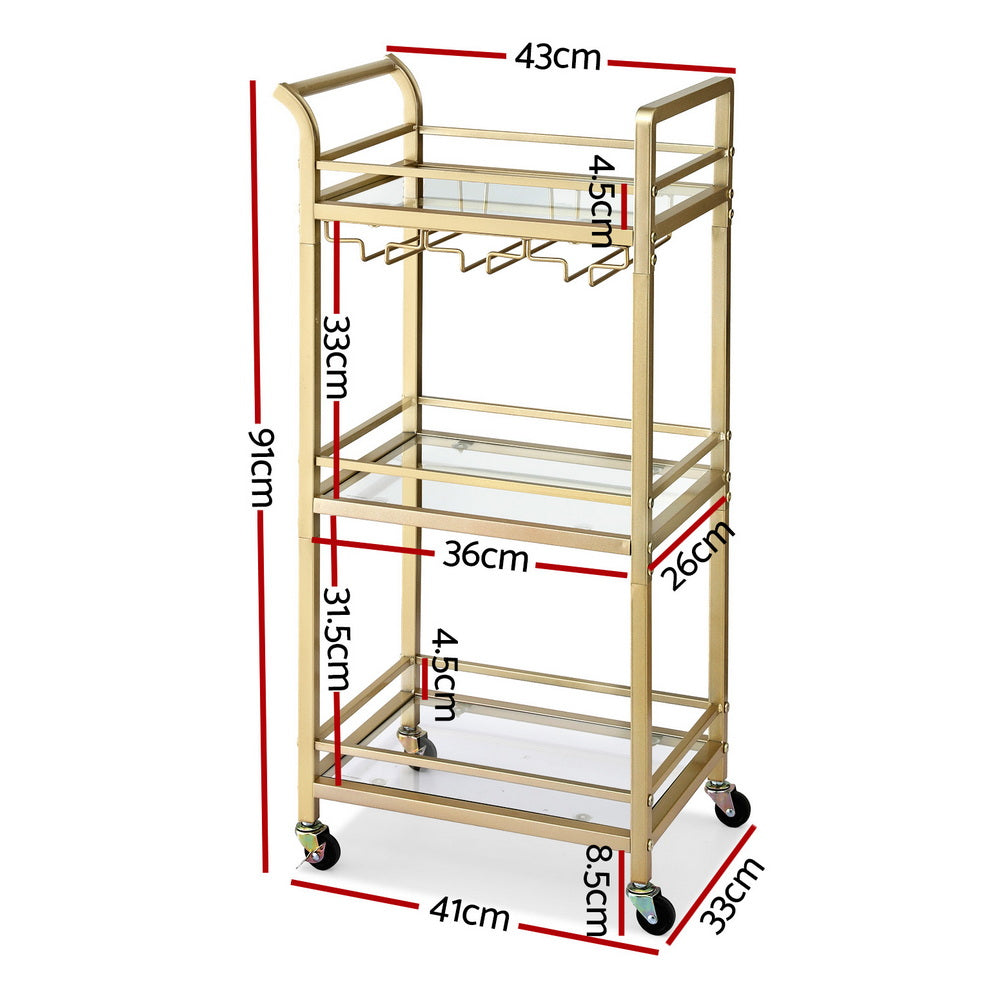Artiss Kitchen Island Cart Trolley Rolling Serving Storage Wine Glass 43cm Gold-2