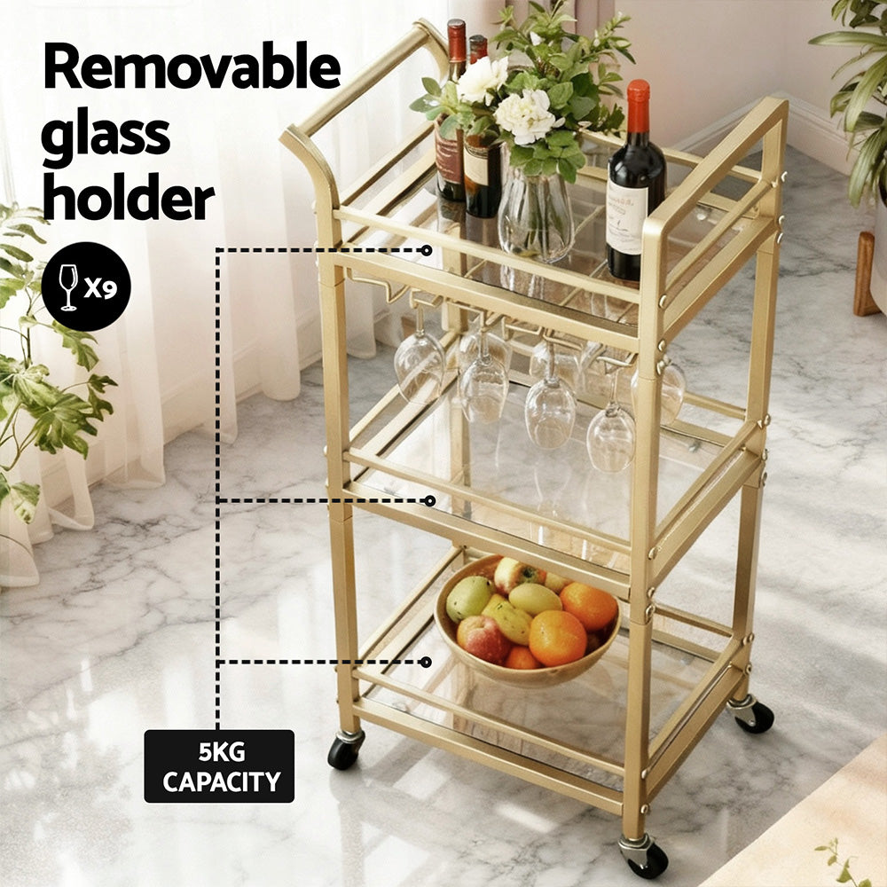 Artiss Kitchen Island Cart Trolley Rolling Serving Storage Wine Glass 43cm Gold-4