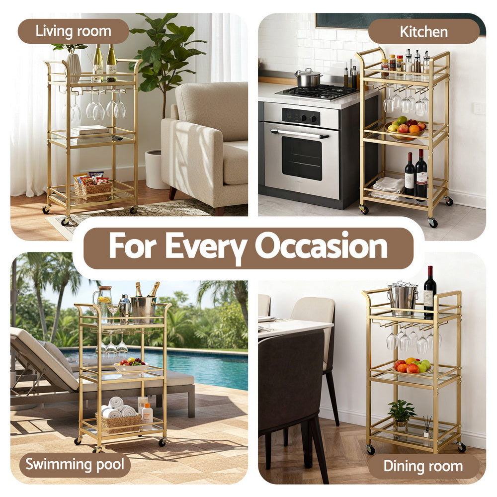 Artiss Kitchen Island Cart Trolley Rolling Serving Storage Wine Glass 43cm Gold-6