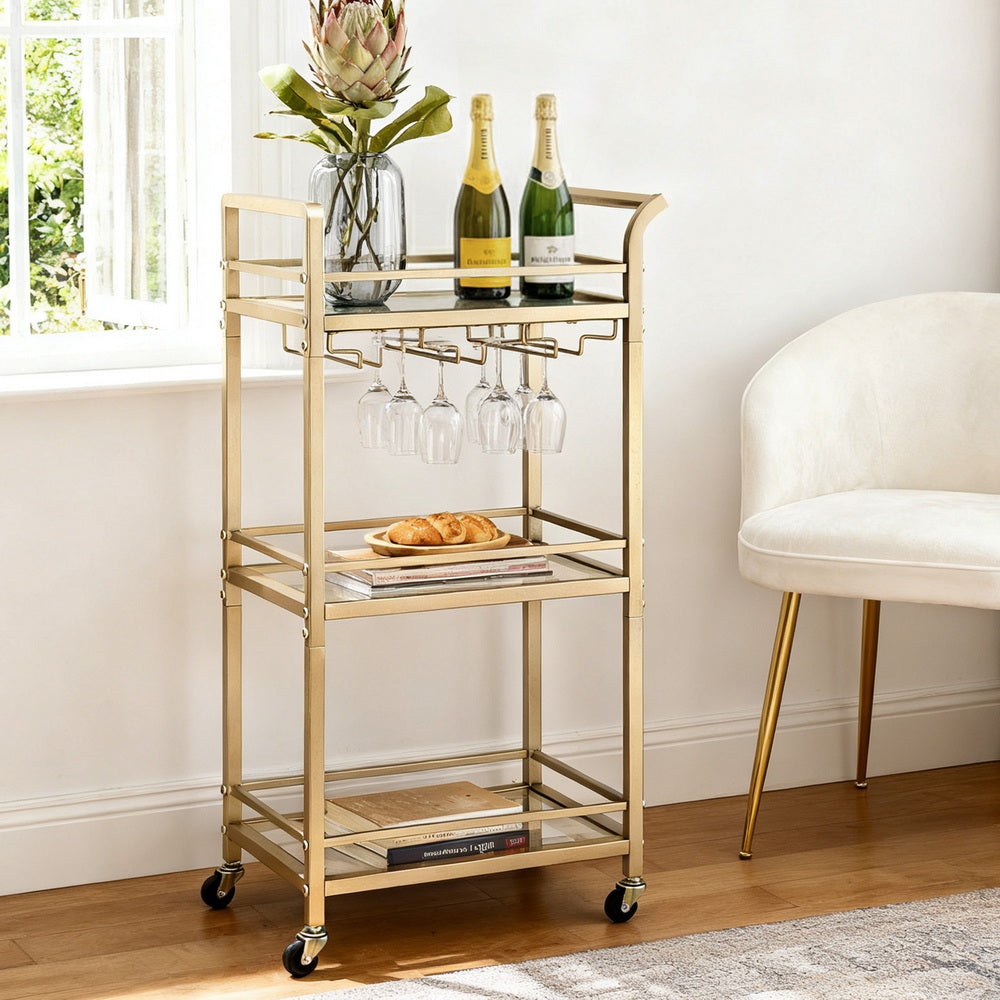 Artiss Kitchen Island Cart Trolley Rolling Serving Storage Wine Glass 43cm Gold-7