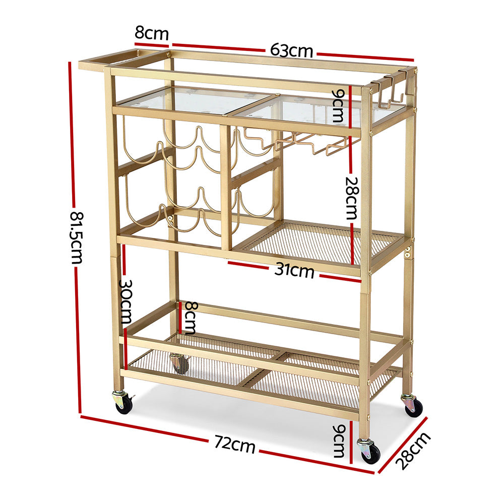 Artiss Bar Cart Drinks Trolley Serving Wine Rack Glass Holder 3 Hooks 72cm Gold-2