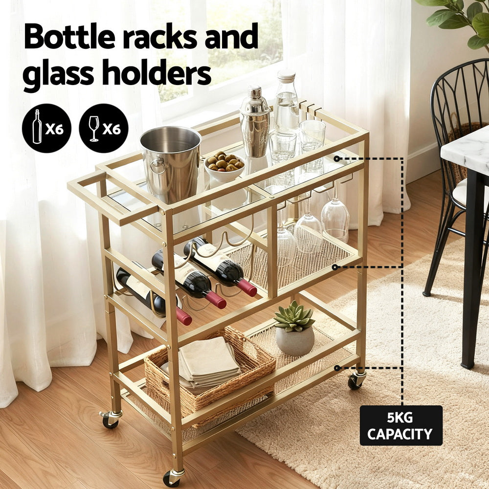 Artiss Bar Cart Drinks Trolley Serving Wine Rack Glass Holder 3 Hooks 72cm Gold-5