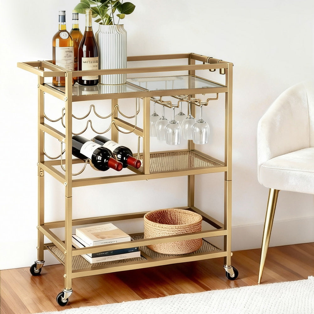 Artiss Bar Cart Drinks Trolley Serving Wine Rack Glass Holder 3 Hooks 72cm Gold-7