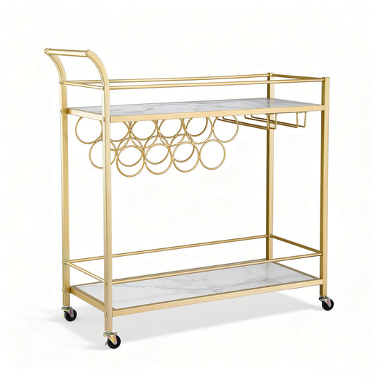 Artiss Bar Cart Drinks Trolley Serving Wine Rack Glass Holder Marble 85cm Gold-0