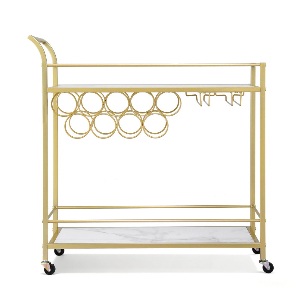 Artiss Bar Cart Drinks Trolley Serving Wine Rack Glass Holder Marble 85cm Gold-3