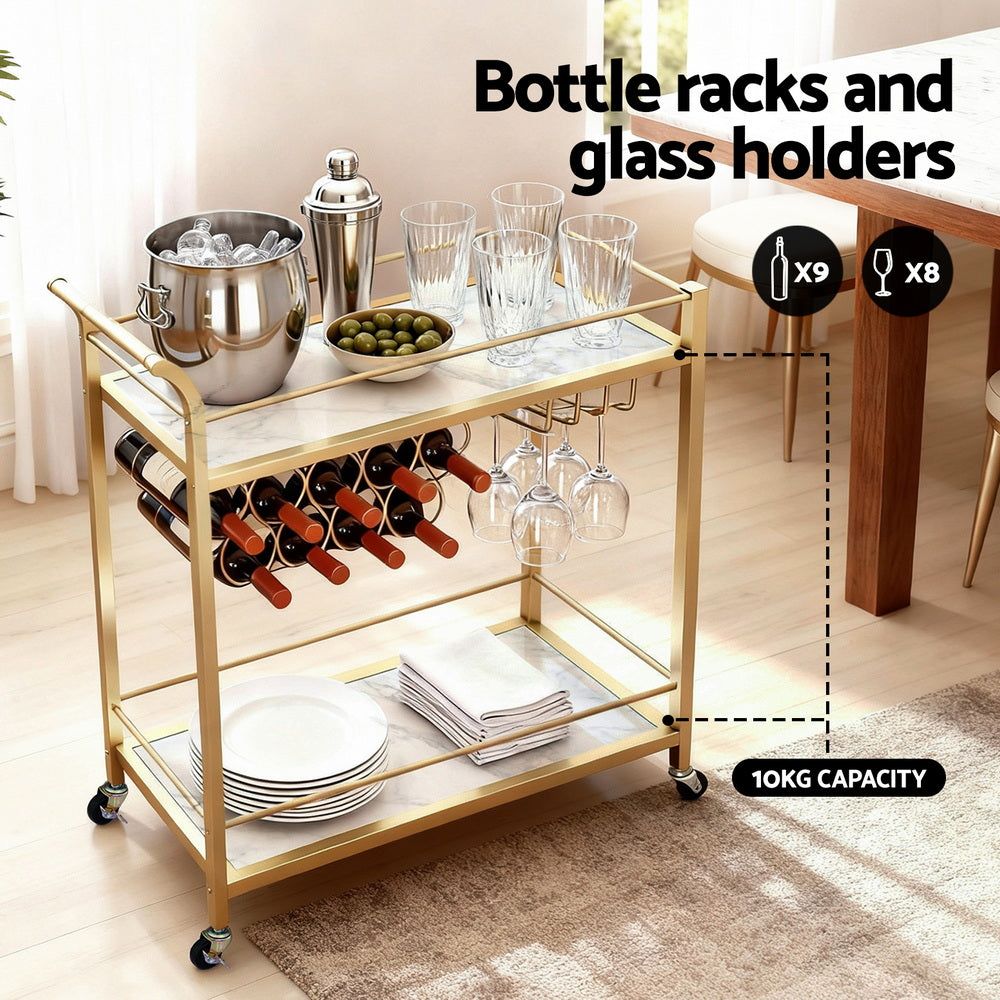 Artiss Bar Cart Drinks Trolley Serving Wine Rack Glass Holder Marble 85cm Gold-4