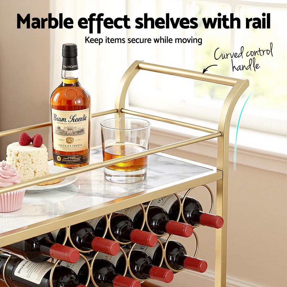 Artiss Bar Cart Drinks Trolley Serving Wine Rack Glass Holder Marble 85cm Gold-5