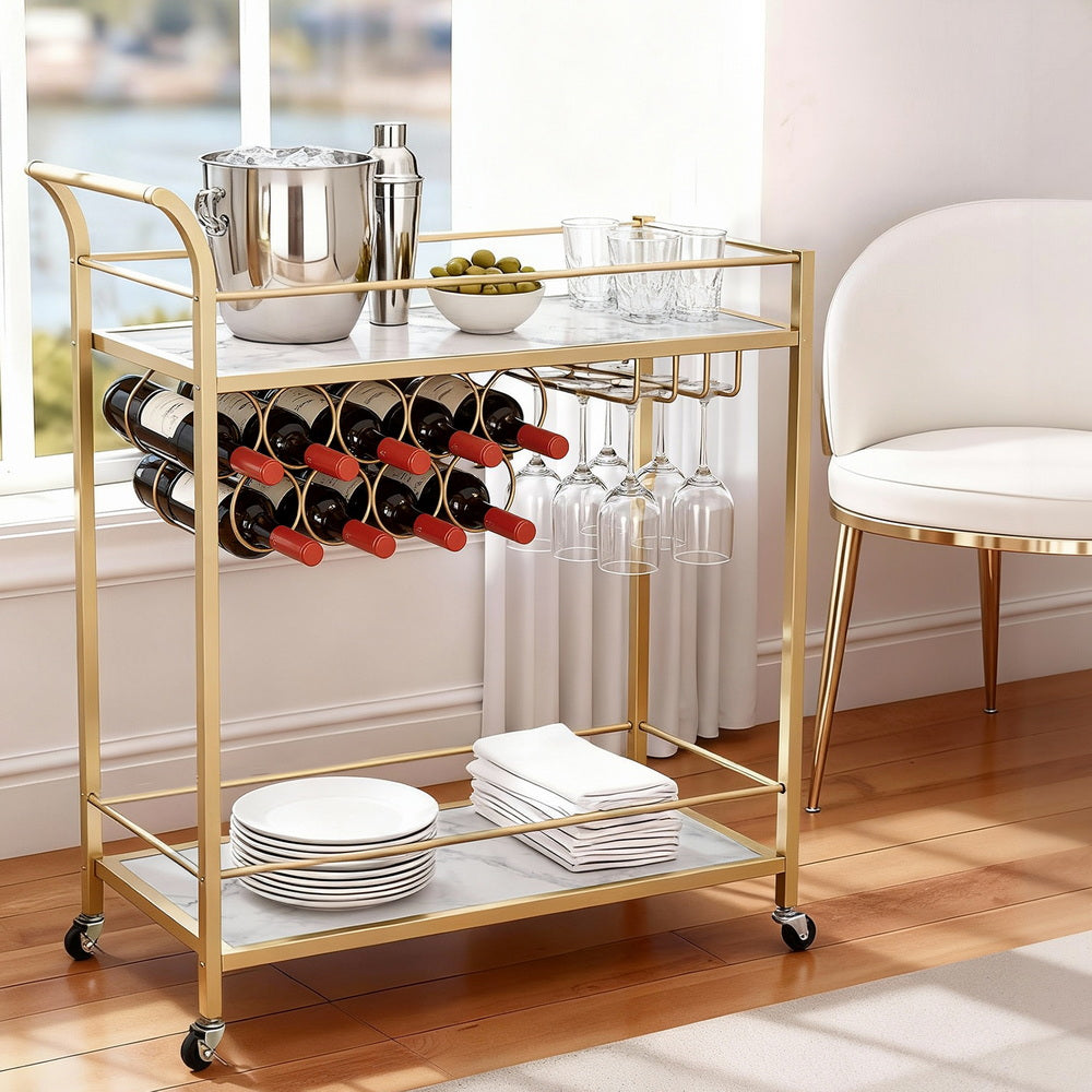 Artiss Bar Cart Drinks Trolley Serving Wine Rack Glass Holder Marble 85cm Gold-7