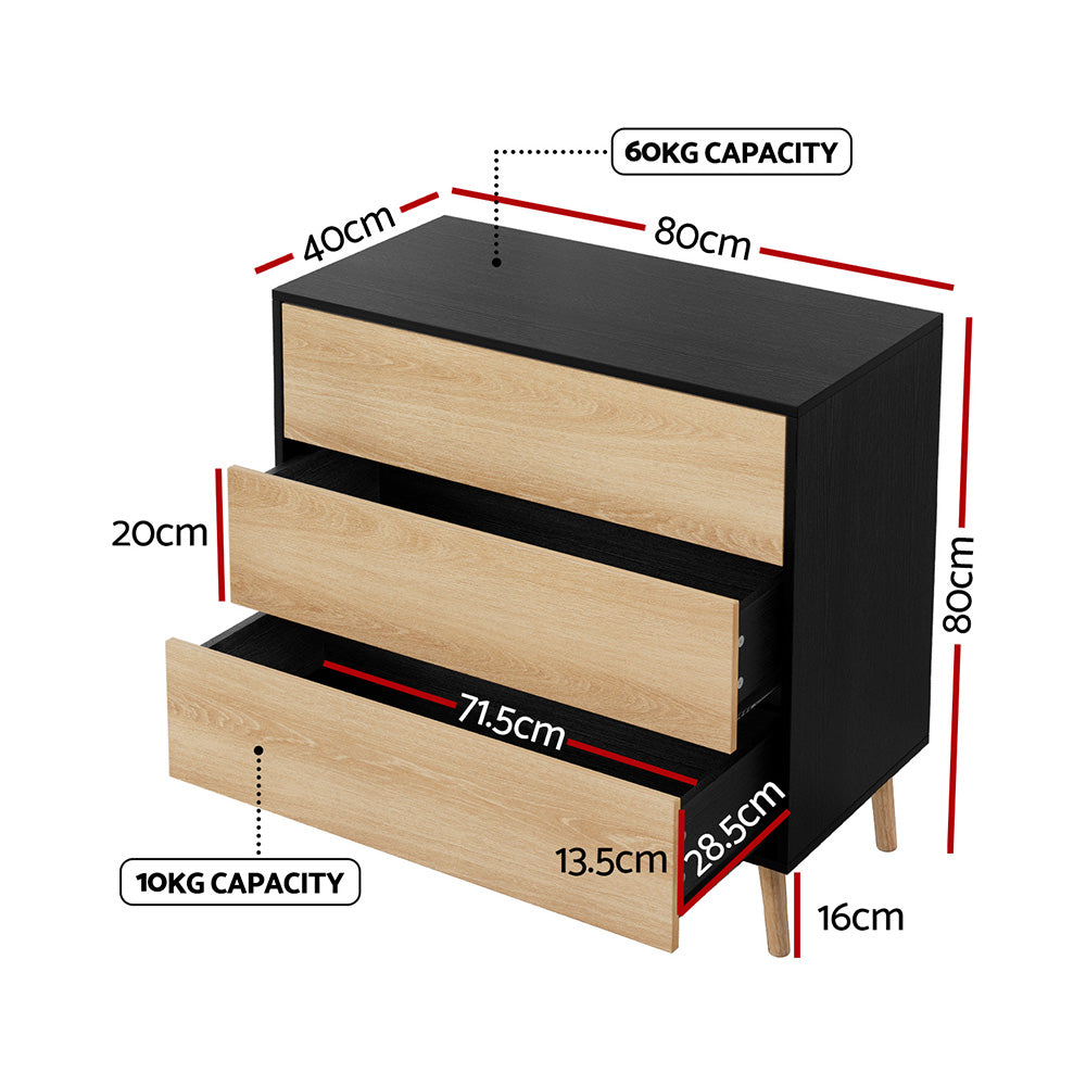 Artiss 3 Chest of Drawers Dresser Table Black&Pine-2