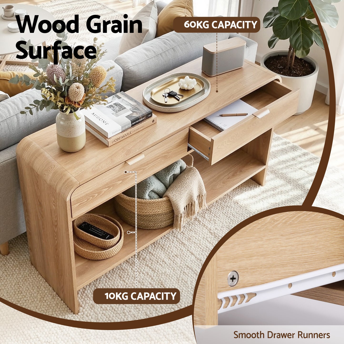 Artiss Console Table Hallway Entryway Storage Drawer Shelf Curved Edge 120CM Pine