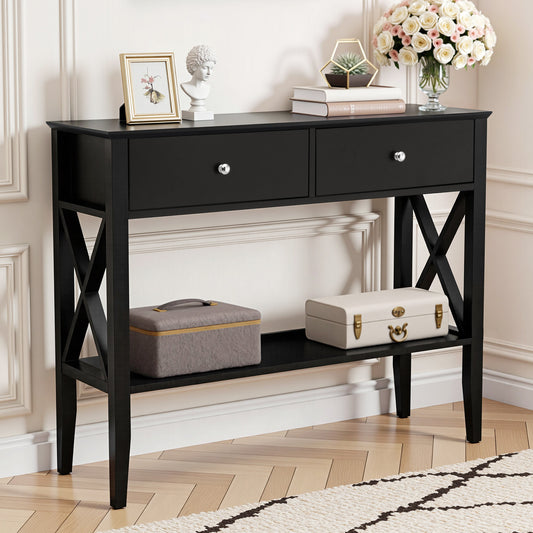 Artiss Console Table 2 Drawers 100CM Black-0