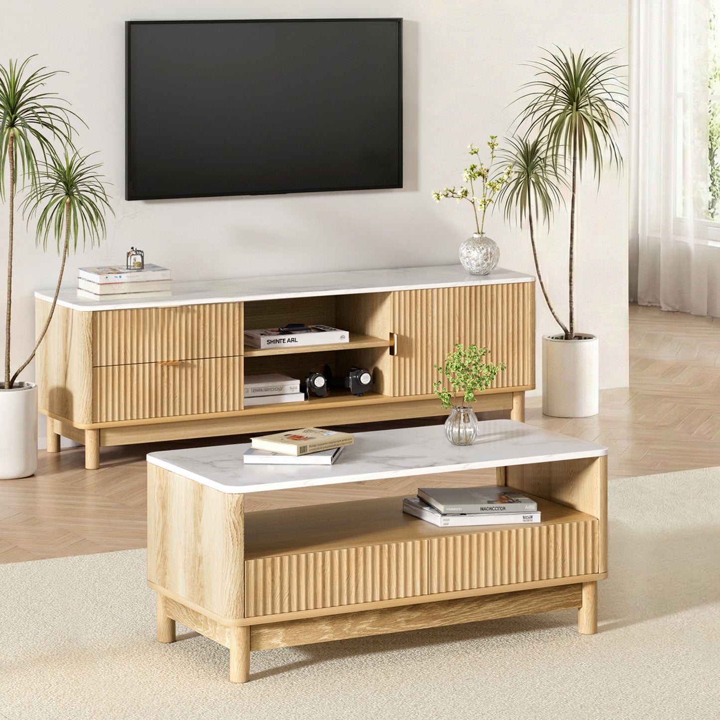 Artiss TV Unit & Coffee Table Set Storage Drawers Pine-0