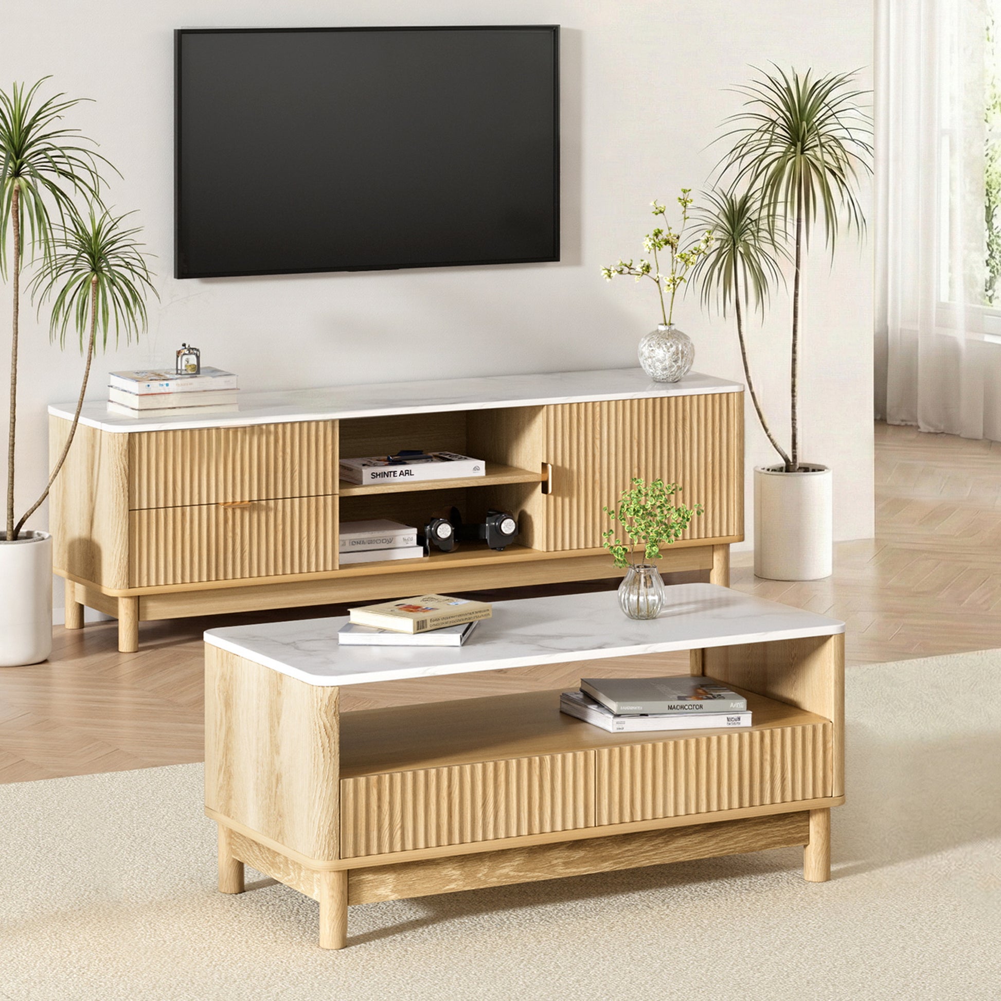 Artiss TV Unit & Coffee Table Set Storage Drawers Pine-0