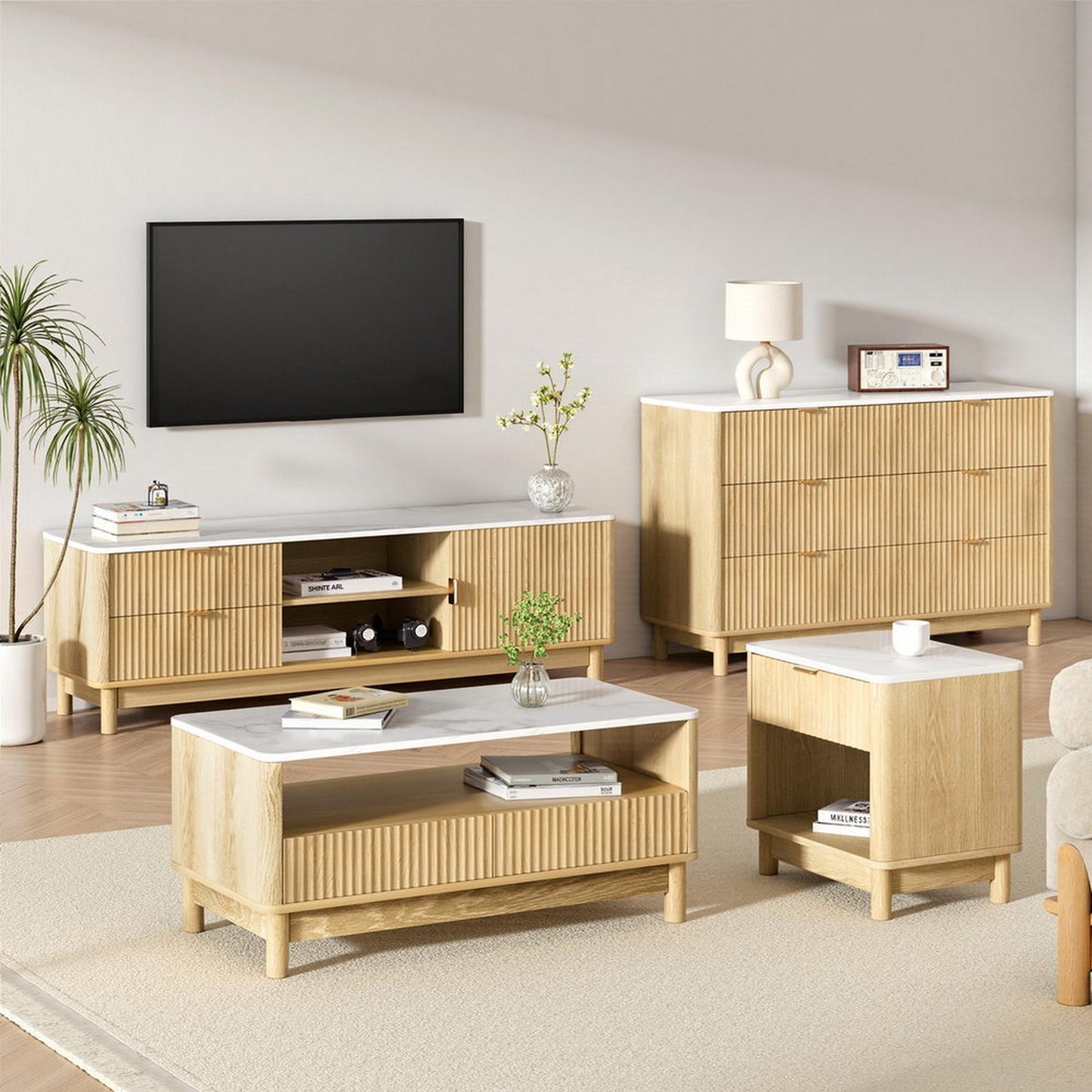 Artiss TV Unit & Coffee Table Set Storage Drawers Pine-6
