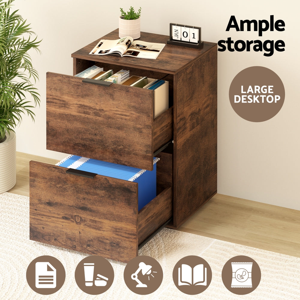 Artiss Filing Cabinet Files Storage Office Shelves File Organiser Rustic Brown 2 Drawer-5